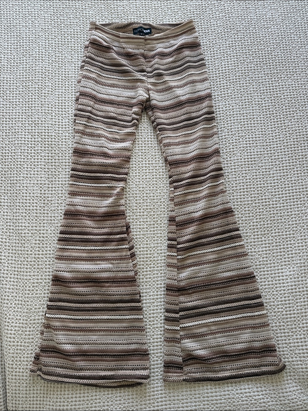 Fashion Nova Brown & Cream Striped Crochet Flare Pants